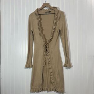 VTG Anisette Ruffle Cardigan Sweater Dress Medium Beige Knit 90s Y2K Hong Kong
